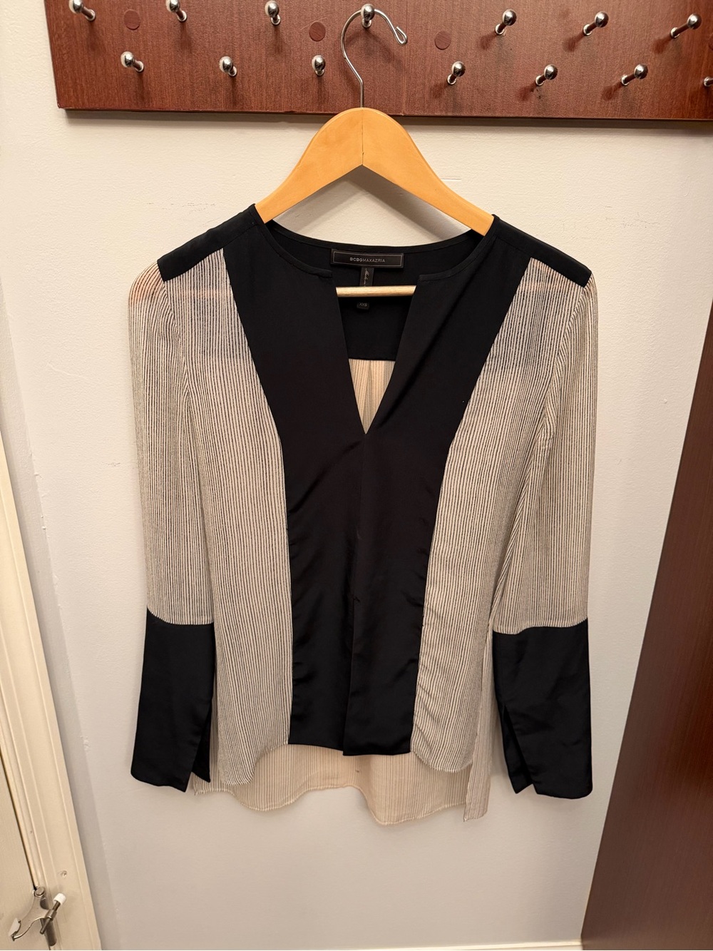 BCBG Black and Cream Mixed-Media V-Neck Blouse